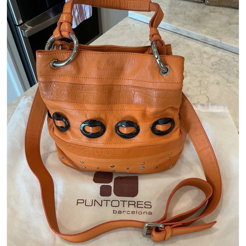 Puntotres Barcelona VINTAGE Orange Leather Satchel Crossbody Bucket Bag‎